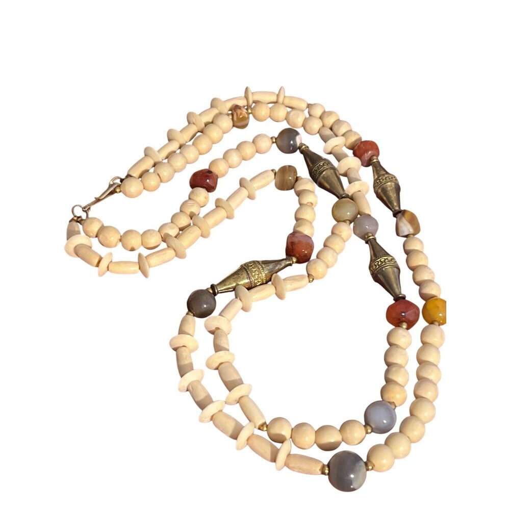Vintage 2 Strand Necklace Natural Beads Brass Quartz Beads Hook Clasp Estate 30"